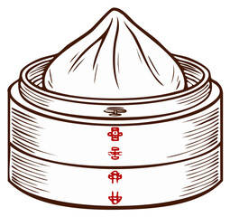 Traditional Asian Steamed Bun or Dumpling in Bamboo Dim Sum Steamer Basket Hand Drawn Line Art