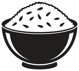 Minimalist black and white vector icon of a bowl of fluffy cooked rice, a common staple food.