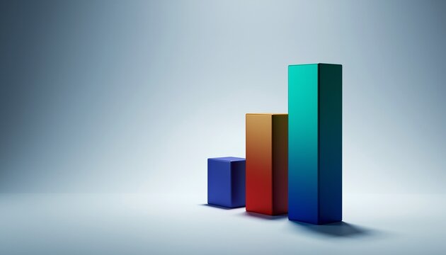 Colorful 3D bar graph columns rising on a minimalist background, representing business growth and data analysis, concept for finance, marketing and education