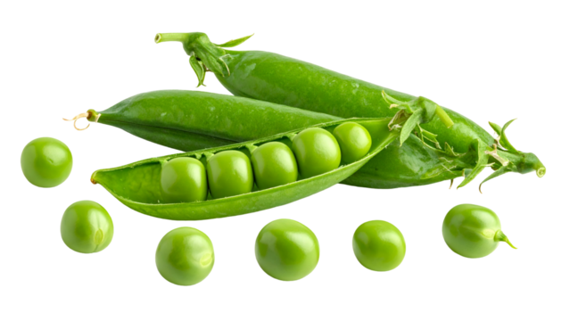 Close-up of fresh, vibrant green peas in their pods against a black backdrop