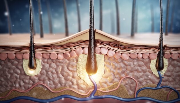 Detailed cross-section of human skin showing active hair follicles and intricate anatomical structures, concept for dermatology, hair care, and cosmetic science.