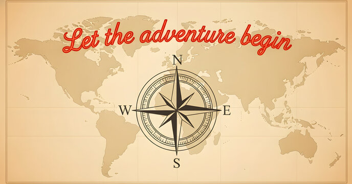 Travel blog post, "Let the adventure begin", vintage compass graphic with world map, poster, banner