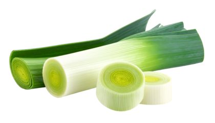 Fresh leek, partially sliced, showing cross-sections and layered leaves on a black background