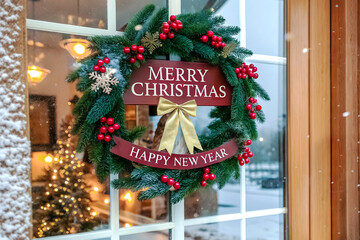 Festive Christmas wreath with the words "Merry Christmas" and "Happy New Year" on the window.