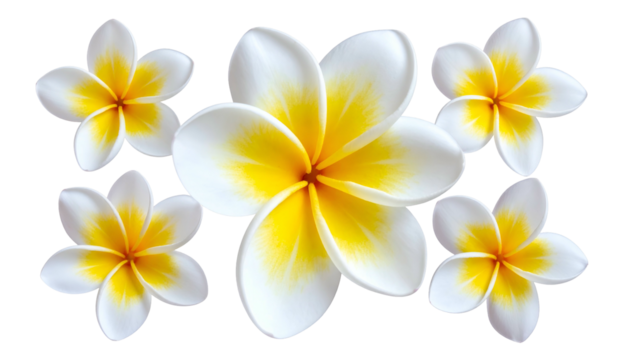 Five frangipani blossoms arranged, with white petals and vibrant yellow centers against black