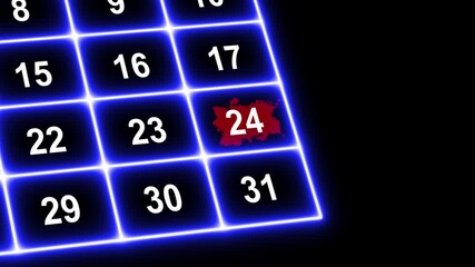 Neon Line Day 24th reminder on calendar with red circle mark or paint stain/ Ink bloom on date in work planning. Highlighting date Very important date on the calendar. Signing a day on a calendar.
