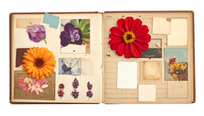 Open vintage scrapbook, displaying pressed flowers and photos on aged paper