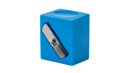 Close-up of a bright blue, cube-shaped object containing a metallic pencil sharpener