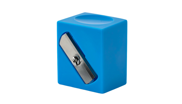 Close-up of a bright blue, cube-shaped object containing a metallic pencil sharpener