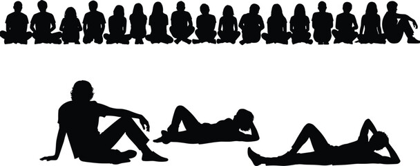 Silhouette illustration of people sitting and lying on the ground in relaxed poses, group crowd formation and casual lifestyle body posture design