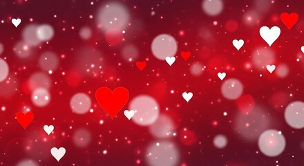 Red background with floating hearts and bokeh lights