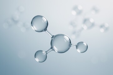 Abstract molecular structure with glass-like spheres floating in a soft gradient background. Concept of chemistry, science, and the building blocks of life.