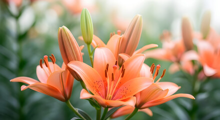Fototapeta premium Vibrant orange lilies in full bloom and with unopened buds, beautifully captured in a lush garden under soft natural light