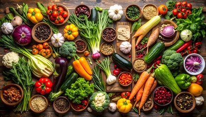 Vibrant Array of Fresh Vegetables and Spices on Rustic Wooden Surface