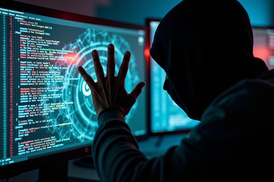 Ransomware Malware Attack: Hacker's Hand Emerges from Computer Screen with Code Swirling Around