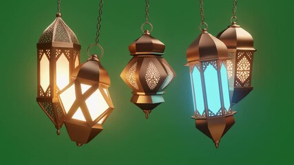 Ornate traditional lanterns, some glowing warmly and one blue, suspended against a vibrant green background, ideal for festive cultural events.