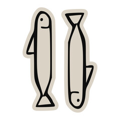Pair of small fish minimal doodle icon: hand drawn vector sketch of anchovies or sardines for seafood, fishing, ocean, market, cooking, simple, retro, sticker, nature, marine, illustration, food