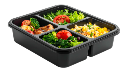 Pre-portioned meal in a black, segmented container, containing several different foods