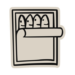 Canned fish minimal doodle icon: hand drawn vector sketch of sardines or anchovies in tin for preserved food, seafood, market, store, grocery, simple, retro, sticker, ocean, cooking, illustration