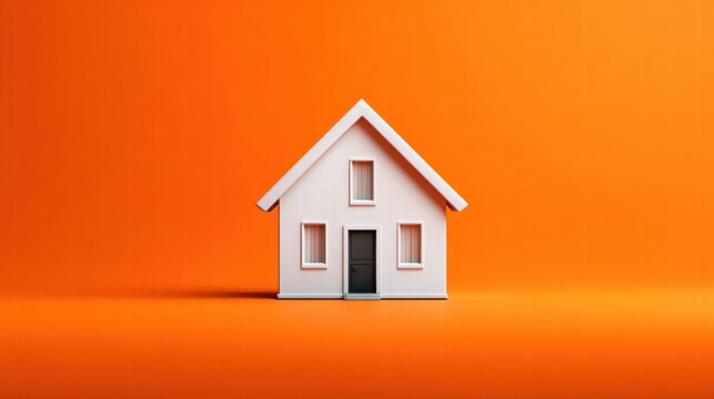 Miniature white house against a vibrant orange background.
