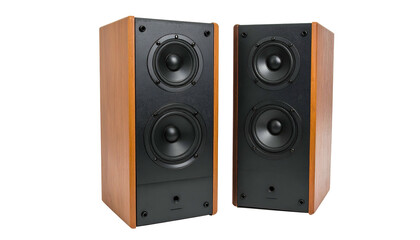 Fototapeta premium Pair of wooden audio speaker systems, black speaker faces, symmetrical arrangement on black
