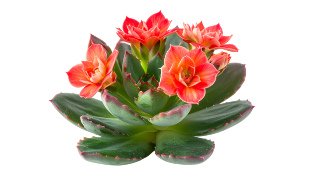 Succulent plant with vibrant red blossoms, showcasing detailed leaf structure