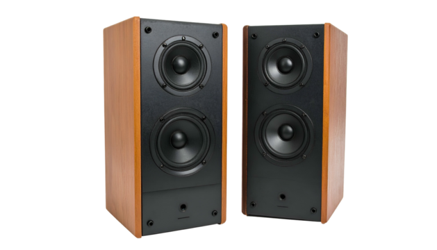 Pair of wooden audio speaker systems, black speaker faces, symmetrical arrangement on black