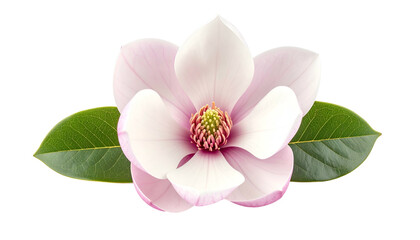 Obraz premium Close-up of a delicate light pink and white flower with green leaves, isolated