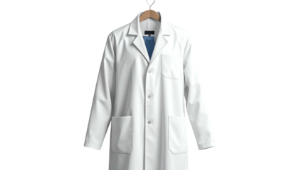 Formal white overcoat on wooden hanger, with pockets and lapels, front view