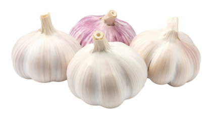 Close-up of four whole bulbs; three white with one purple. Isolated on black