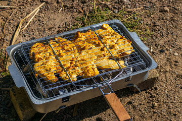 Chicken cooks on a portable grill by a lake during a hiking and outdoor travel stop. 