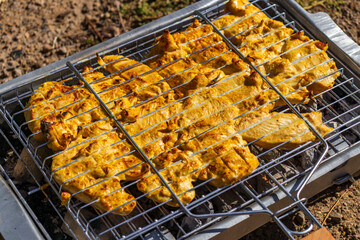 Chicken cooks on a portable grill by a lake during a hiking and outdoor travel stop. 