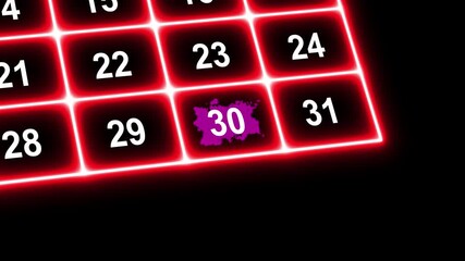 Marking the date number 30th, focusing on the number highlighted with a red cross or paint stain/ ink bloom on the calendar. Highlighting date Very important date on the calendar. Signing a day 