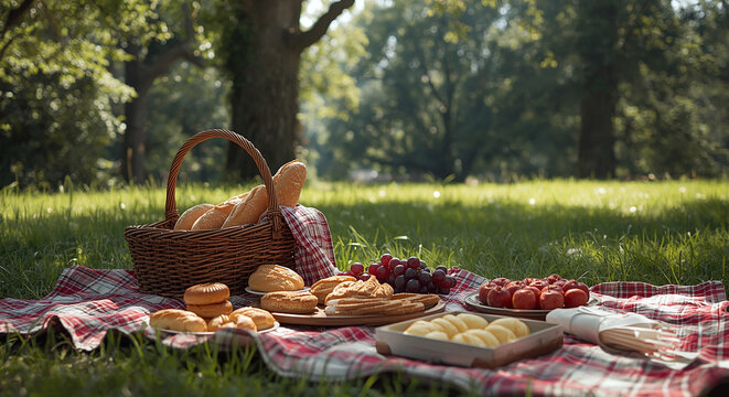 Sunny summer picnic with basket of bread, pastries, fruit and snacks on red checkered blanket in green park meadow