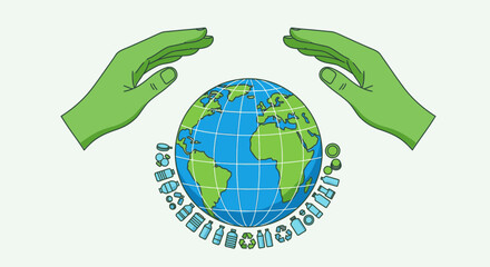 Green hands protect a blue and green Earth globe, symbolizing global environmental conservation efforts against the threat of plastic pollution and waste.