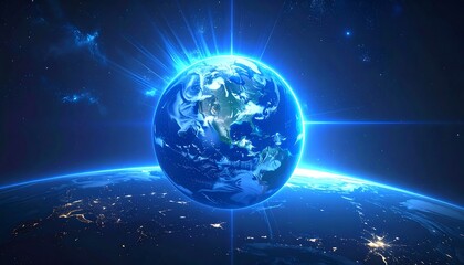 Obraz premium Glowing Earth, emanating light, viewed from space, blue hues