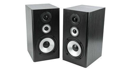 Pair of black wooden loudspeakers, with silver and black speaker components