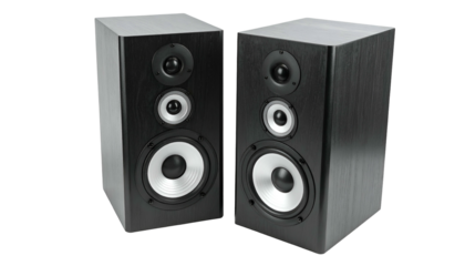 Pair of black wooden loudspeakers, with silver and black speaker components