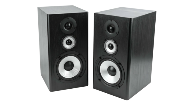 Pair of black wooden loudspeakers, with silver and black speaker components