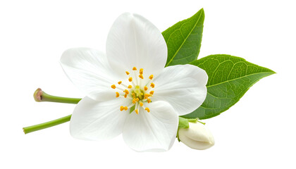 Close-up of a delicate white flower with vibrant green leaves and a bud against black
