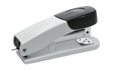 Close-up of a common office tool, predominantly light gray with a dark gray upper section