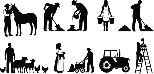 Collection of farm worker silhouettes with animals, tools, tractor, and agricultural activities, depicting rural lifestyle and traditional farming occupations in black icons