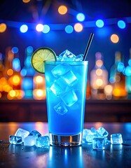 Vibrant Blue Cocktail with Lime Garnish in a Nightclub Setting