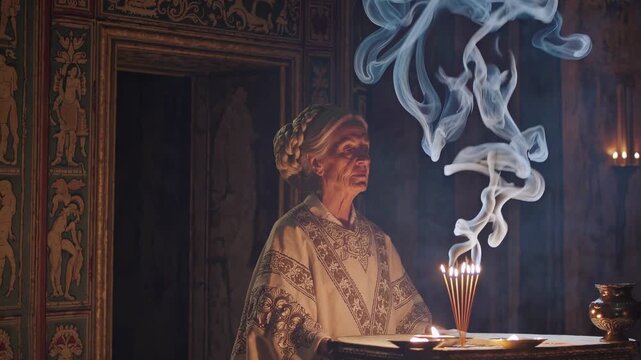 Priest swings censer during ritual. Incense smoke rises over altar. Clergyman in vestment focuses on worship. Ceremony light reveals carved icon. Spiritual ritual with smoke and prayer. Quiet ritual.
