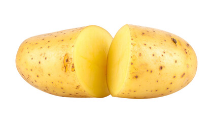 Close-up of a halved potato, showcasing its textured skin and creamy, exposed flesh