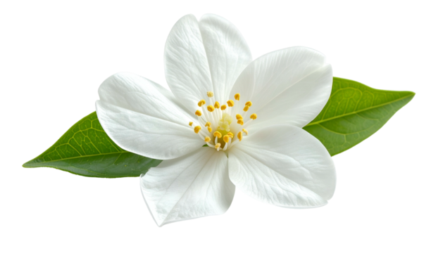 Close-up of a delicate white flower with vibrant yellow center and green leaves