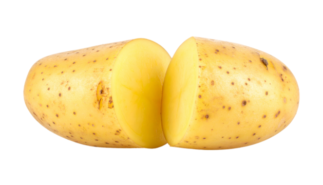 Close-up of a halved potato, showcasing its textured skin and creamy, exposed flesh