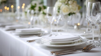 Elegant Table Setting for Formal Dining Event with Floral Centerpieces