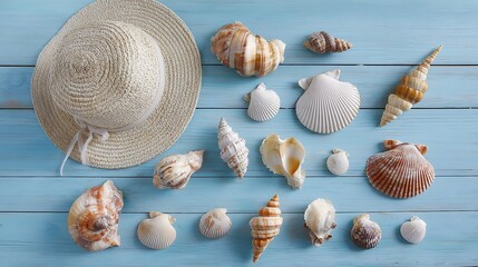 memorabilia. Seashell collection on blue wooden surface, coastal summer aesthetic. public awareness campaigns, NGO reports, designed for public awareness campaigns and NGO communications.