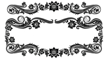 Elegant vintage floral decorative frame ornament design, detailed black swirl border artwork for invitation, certificate, label, decorative graphic projects